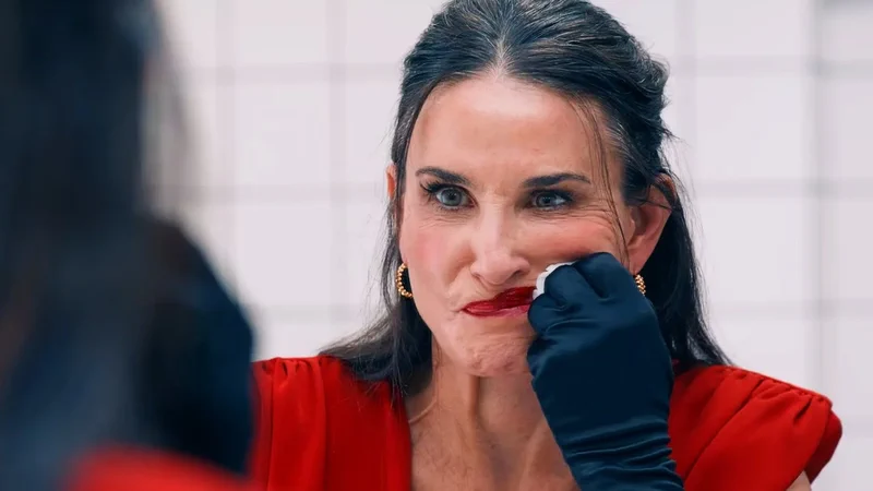 Деми Мур вытирает помаду с губ глядя на себя в зеркало