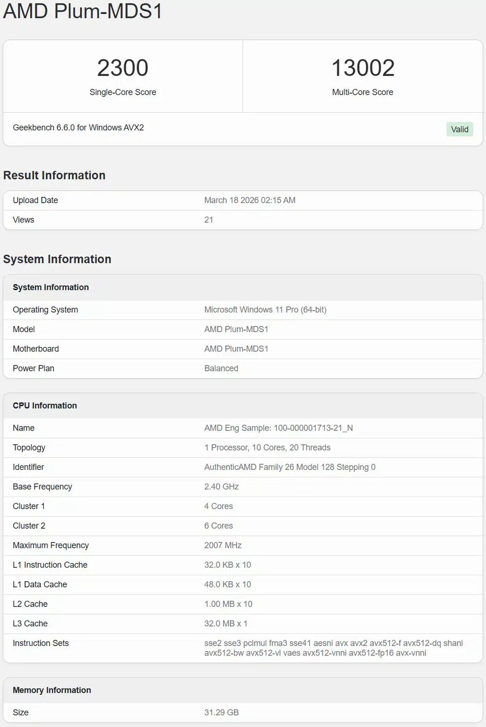 AMD Plum-MDS1 Geekbench scores: 2300 single-core, 13002 multi-core