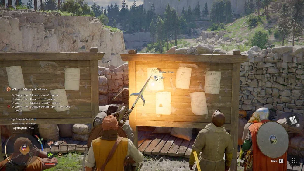 Игровой скриншот с доской объявлений и заданиями в Crimson Desert