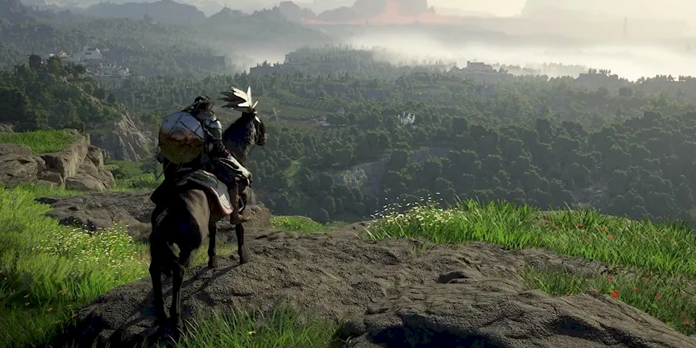 Кадр из анонсного трейлера Crimson Desert 2019 года, демонстрирующий эпический пейзаж и главного героя