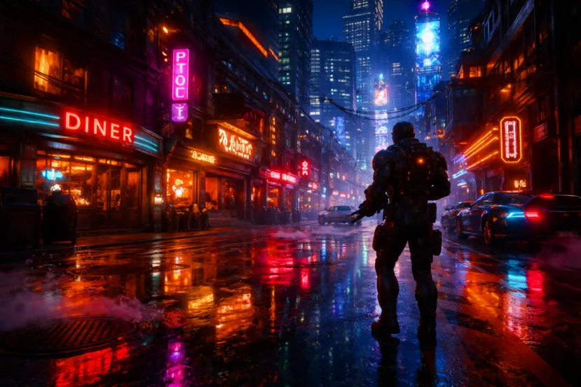 Робот в броне на мокрой улице ночного города с неоновыми вывесками
