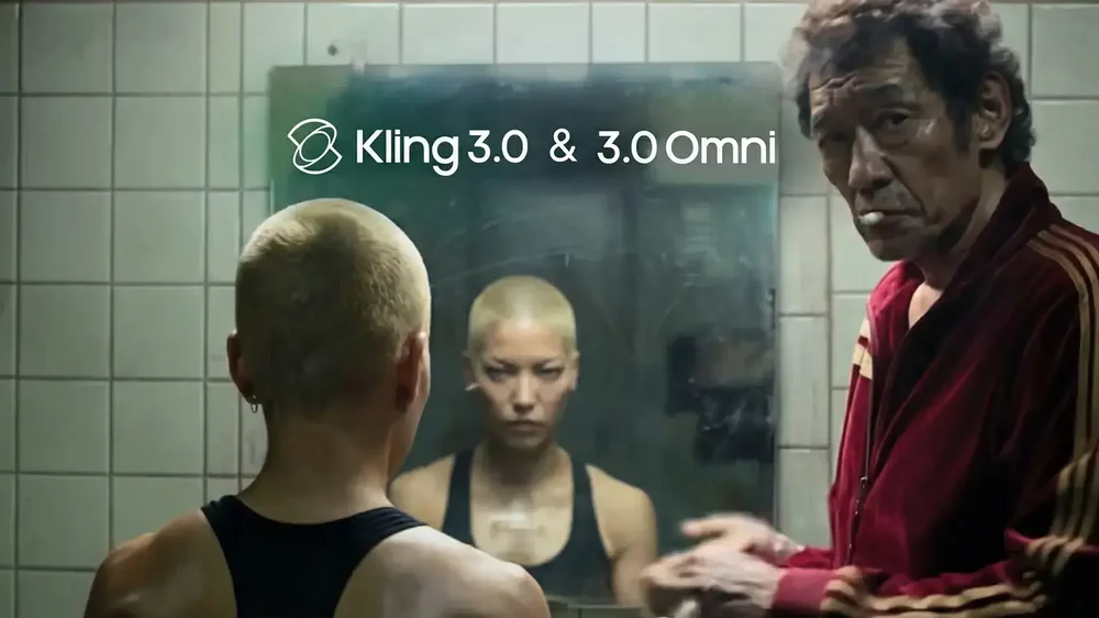 Мужчина и боксер в зеркале с надписью Kling 3.0 & 3.0 Omni