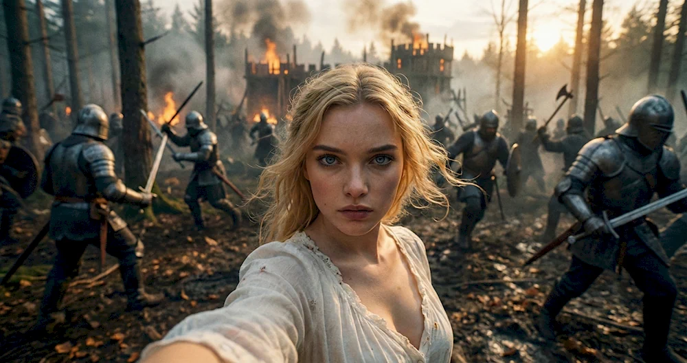 Женщина в белой рубашке на фоне битвы рыцарей и горящего замка