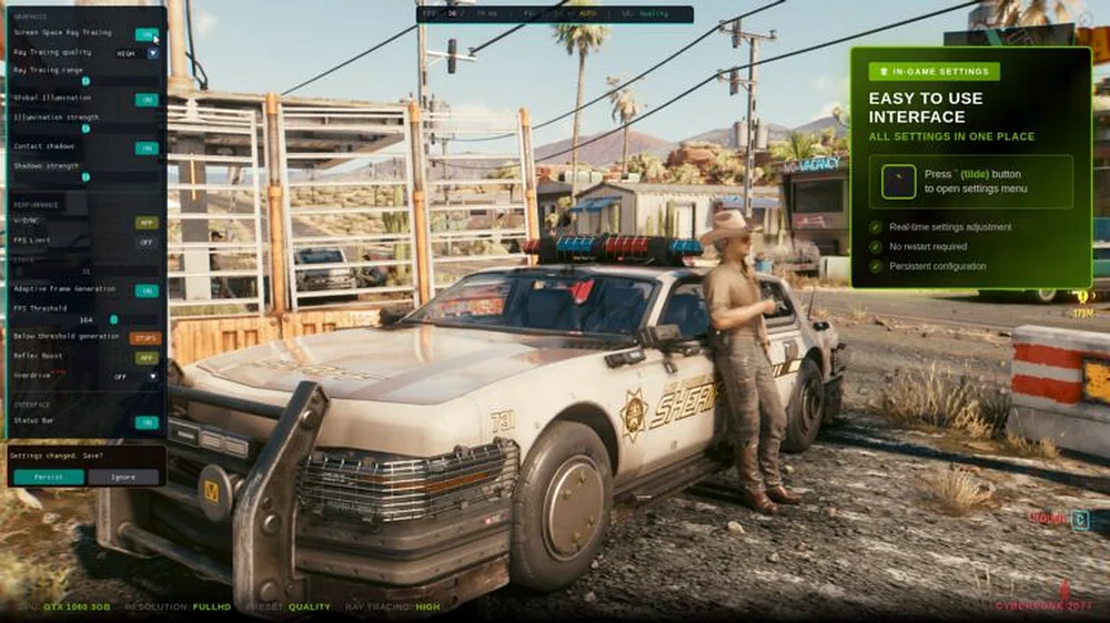 Игровой скриншот с полицейским автомобилем и настройками графики