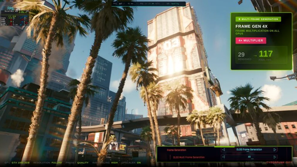 NVIDIA Multi Frame Generation interface showing 4x multiplier and frame rate metrics in a game scene