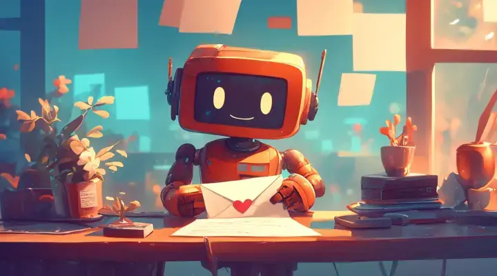 Робот ROME с письмом на столе в офисе с растениями