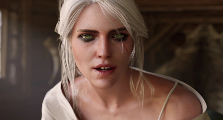 Цири из The Witcher 3 с белыми волосами и зелеными глазами в интерьере