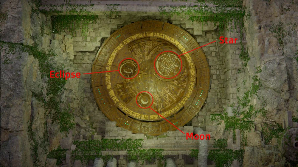 Схема головоломки Дрожащий лес с обозначенными Eclipse, Star и Moon на мурале