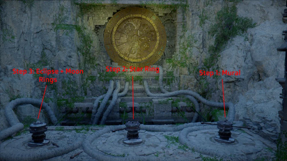 Схема головоломки Дрожащий лес: этапы Мурал, Звездный кольцо, Солнечное затмение и Лунные кольца