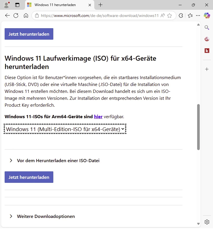 Страница загрузки ISO-образа Windows 11 для устройств x64 на немецком языке
