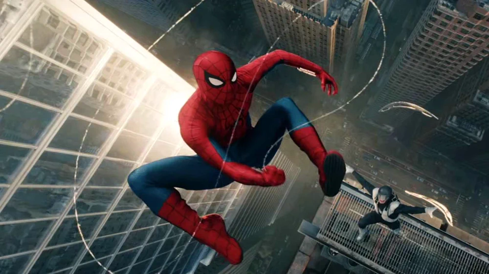 Spider-Man swings above city with Boomerang throwing boomerangs